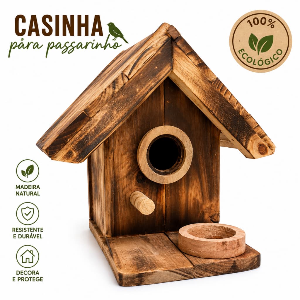 Casa Casinha Para Passarinho Com Comedouro de Madeira Para Decoração Jardim Varanda Sitio