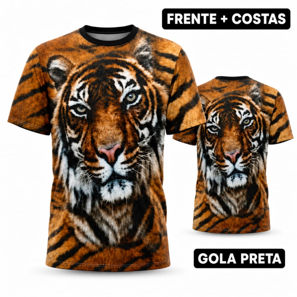 Camiseta Tigre Frente e Costas Sublimada Gola Preta Adulto Infantil Baby Look