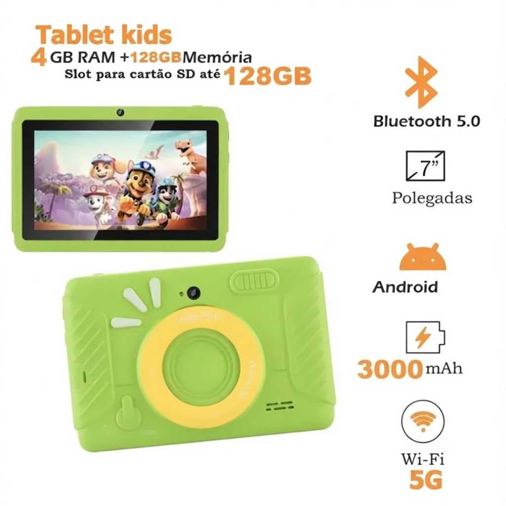 Tablet Infantil JEPK T12 7" Android 13 | 4GB RAM + 128GB | Câmeras Duplas | Capa e Acessórios Tablet Crianças