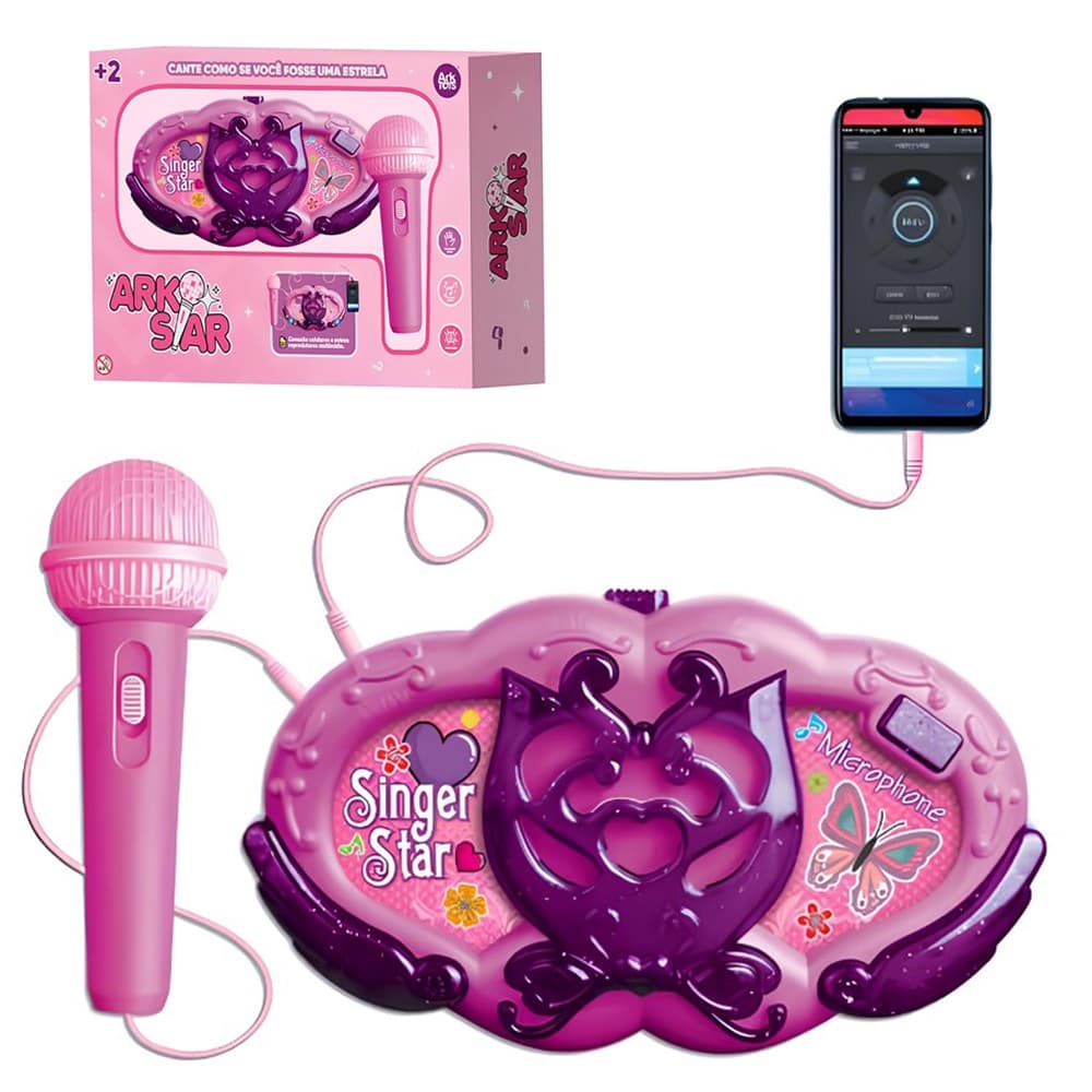 Radio microfone musical infantil com microfone luz e cabo a pilha de brinquedo para criança rosa com música menina canto