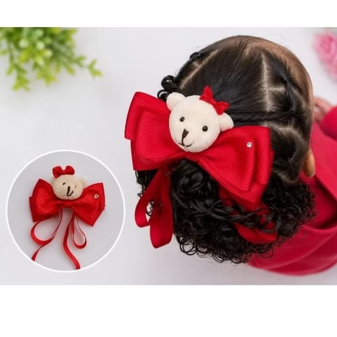 🎀 Laço Ursinha Vermelho Infantil – Laço G com Ursinha de Pelúcia | Opção de Kit com Parzinho | Bico de Pato