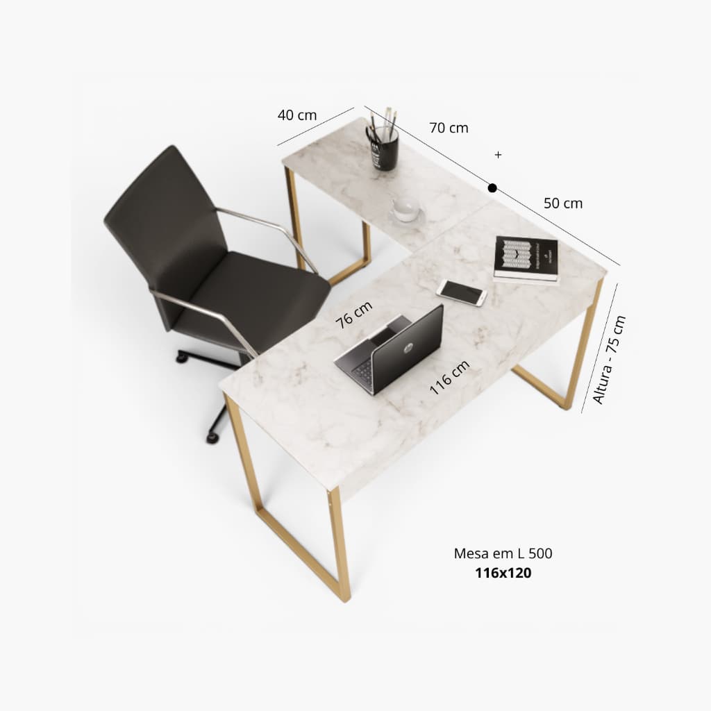 Mesa Escrivaninha "L" 120 cm x 116cm Industrial Pé Metal Dourado Home Office Canto Quarto Computador