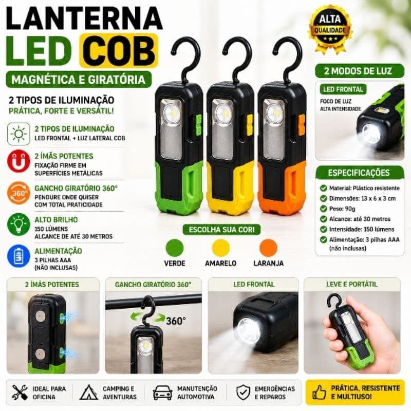 Lanterna LED COB Magnética com Gancho Giratório 150 Lúmens Luz Frontal Portátil Oficina Camping Mecânico