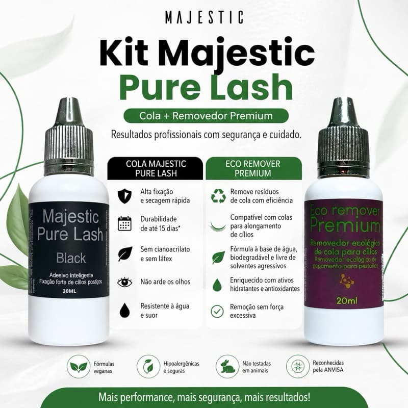 Kit Cola Vegana para Cílios Majestic Pure Lash 30ml + Eco Removedor Premium 20ml Sem Látex e Sem Cianocrilato