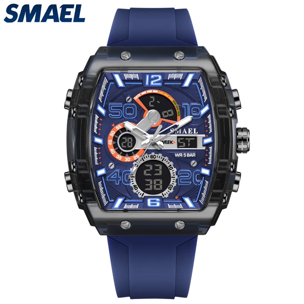 Relógio Esportivo Masculino Formato Tonneau Digital Analógico 50M Impermeável LED Cronômetro Alarme