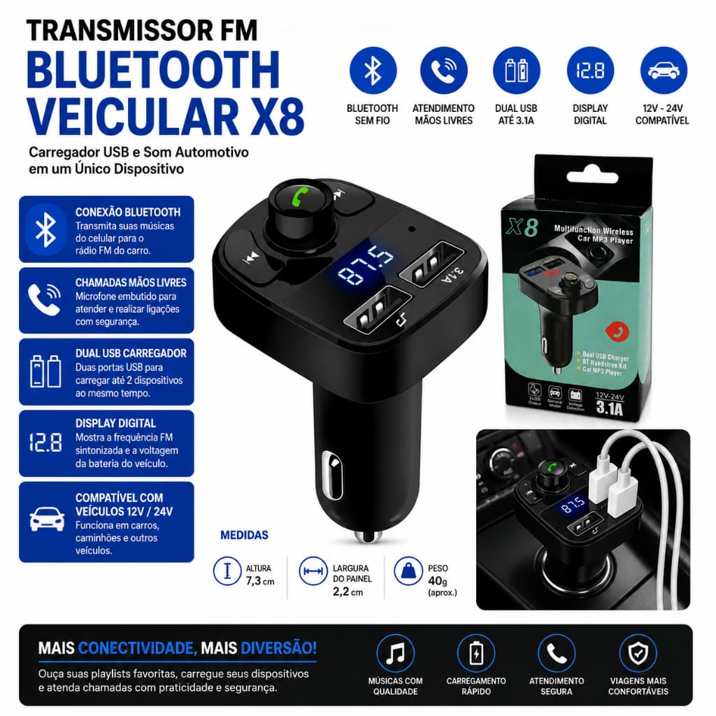 Transmissor FM Bluetooth Veicular X8 Carregador USB Dual Hands Free Rádio FM Universal 12V 24V
