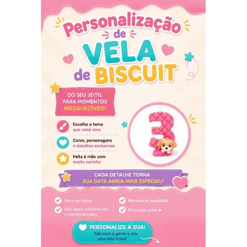 Vela de Biscuit - Personalizada - Temas diversos - Aniversário - Topo de bolo
