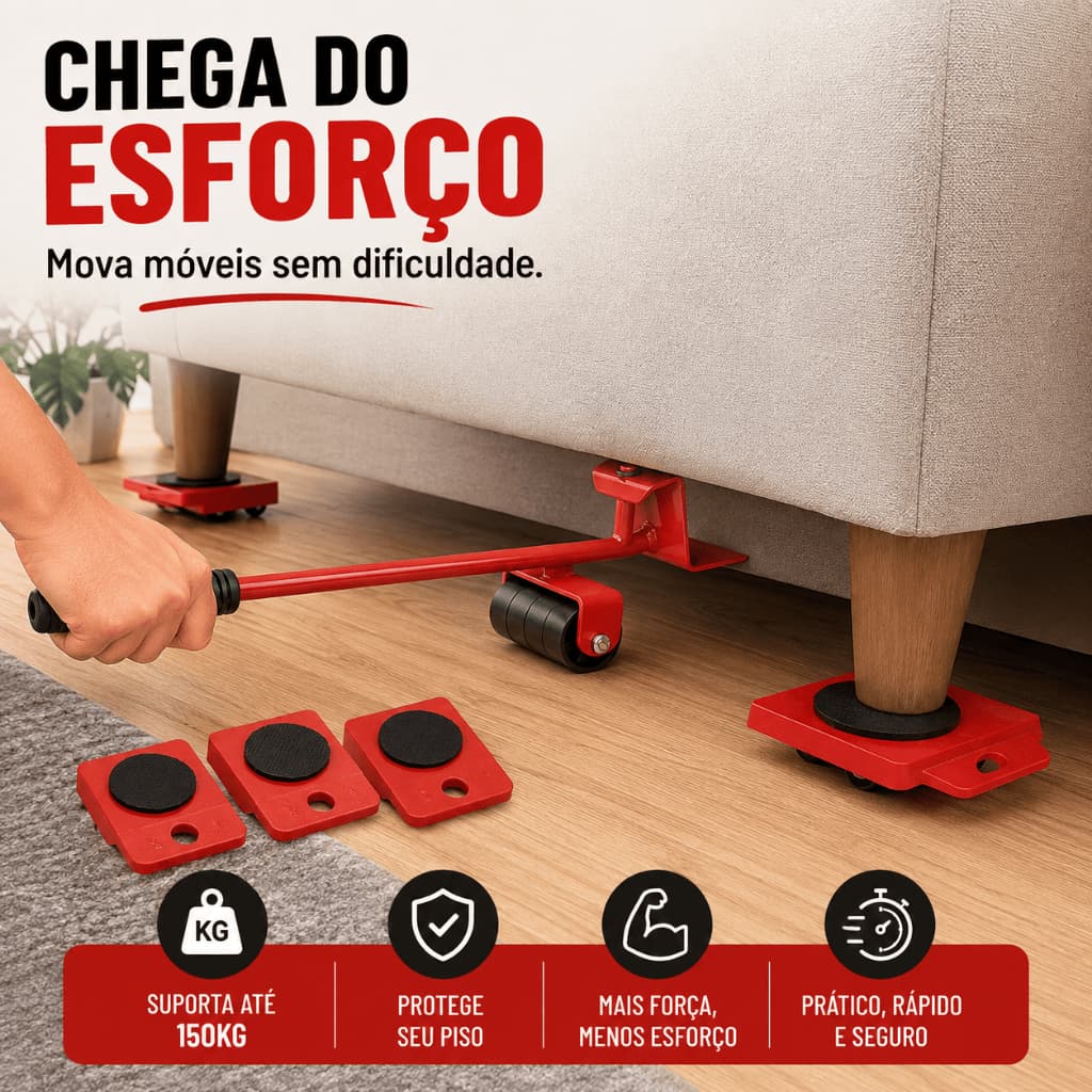 Kit Levantador de Móveis 5 Peças com Rodinhas Suporta 150kg Alavanca Transportador