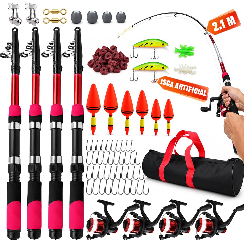 Kit de Pesca Completo 4 Varas Telescópicas 2,10m Molinetes Iscas Anzóis Bolsa