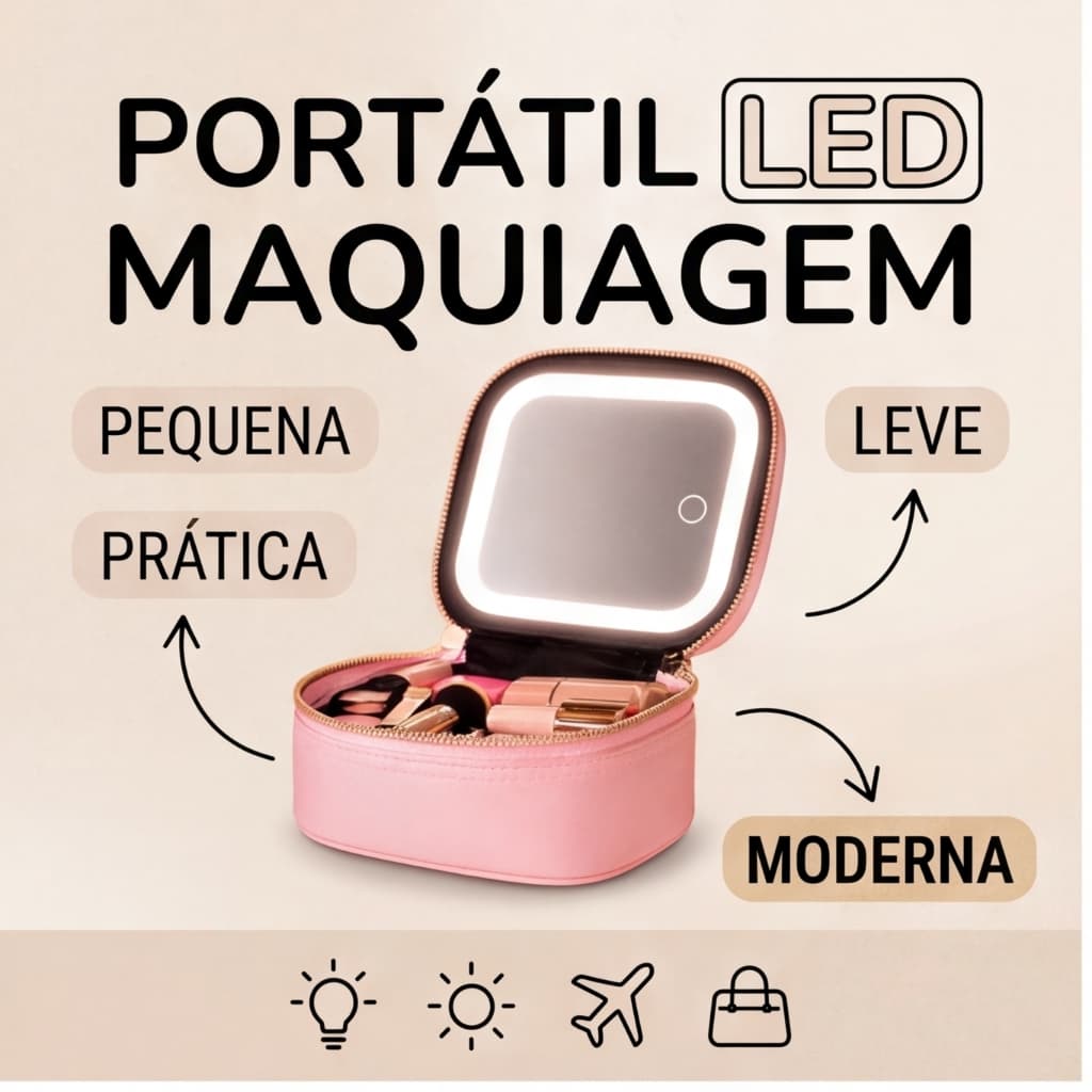 Maleta Organizadora de Cosméticos Bolsa de Maquiagem Profissional com Espelho LED 3 Tons de Luz Ideal para Viagem