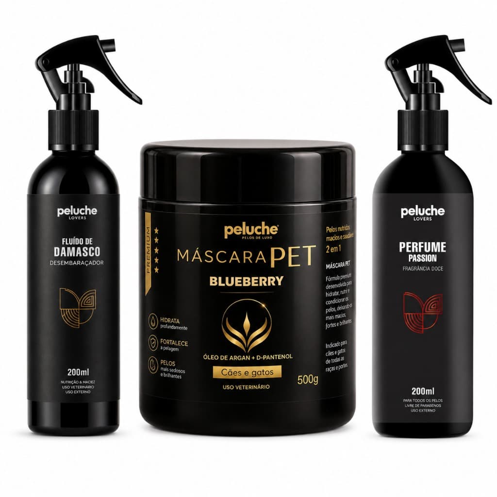 Kit Hidratação Pet Máscara Blueberry 500g Fluído Desembaraçador 200ml Perfume Passion Peluche Cães Gatos