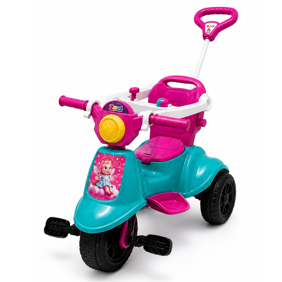 Carrinho De Passeio Triciclo Avespa Motoca Zociella C/ Pedal Apoio de Pé e Haste Empurrador Infantil