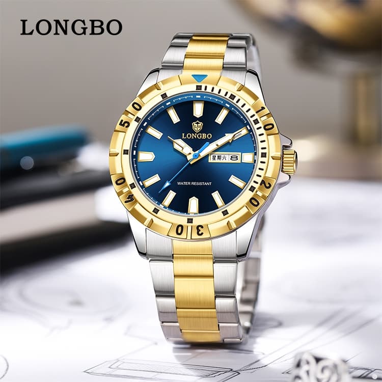 Relógio Masculino LONGBO Luxo Quartzo Aço Inoxidável 30M Calendário Duplo Luminoso
