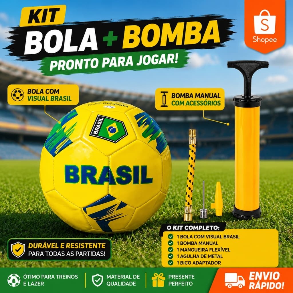 Bola de Futebol Brasil Nº 5 Amarela Seleção Brasileira e Bomba de Ar 24cm | Avulso ou Kit
