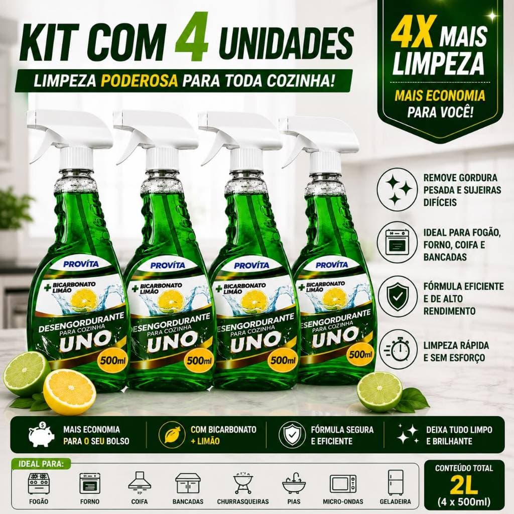 Kit 4 Limpa Cozinha 500ml Desengordurante Espuma Premium Limpa Remove Gordura Forno Fogão Coifa Air Fryer