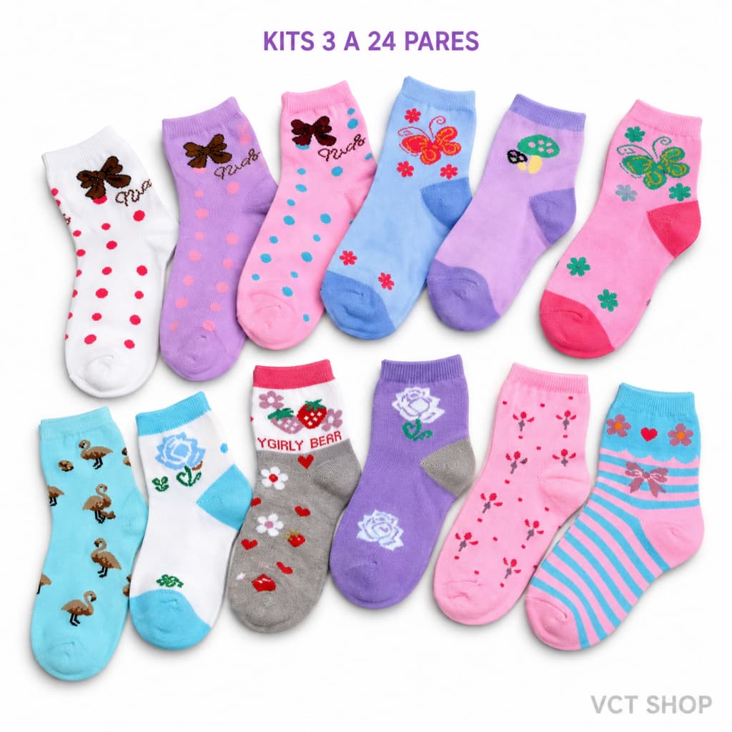 Kit ate 24 Pares Meia Infantil Feminina Menina Estampada com Algodão 0 a 10 Anos
