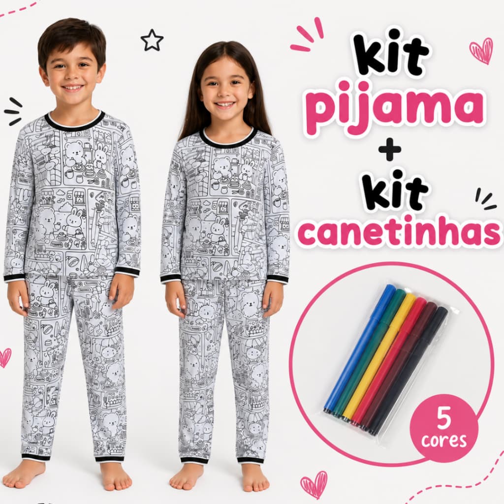Kit 1 Pijama Infantil Longo para Colorir + 1 Kit Canetinhas