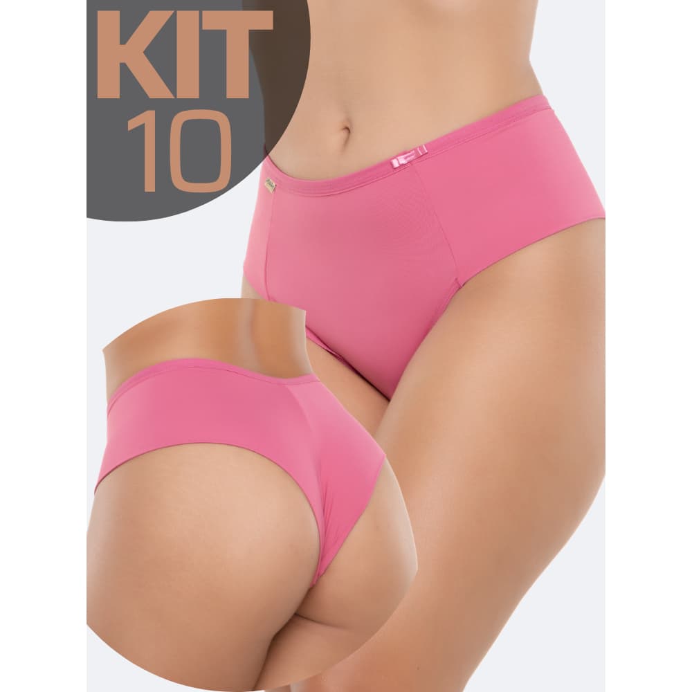 Kit 10 Calcinha Cinta Cós Alto Fio Duplo Cintura Alta Lisa Conforto Pala Larga Microfibra Lateral Larga Confortável