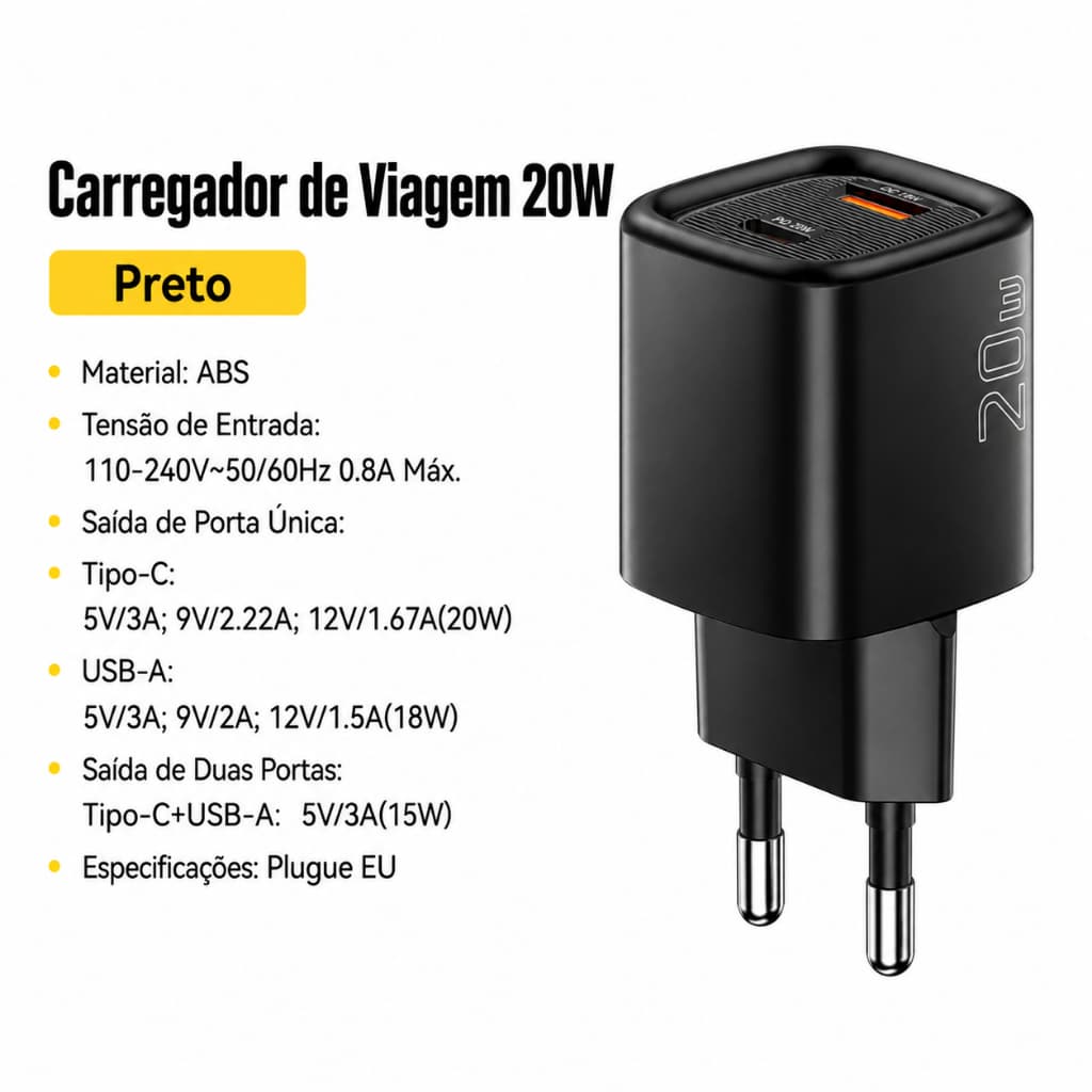 Fonte Carregador Rápido Duplo 2 Portas De 20w Usb-a + Usb Tipo C Original Essager - C/ NF
