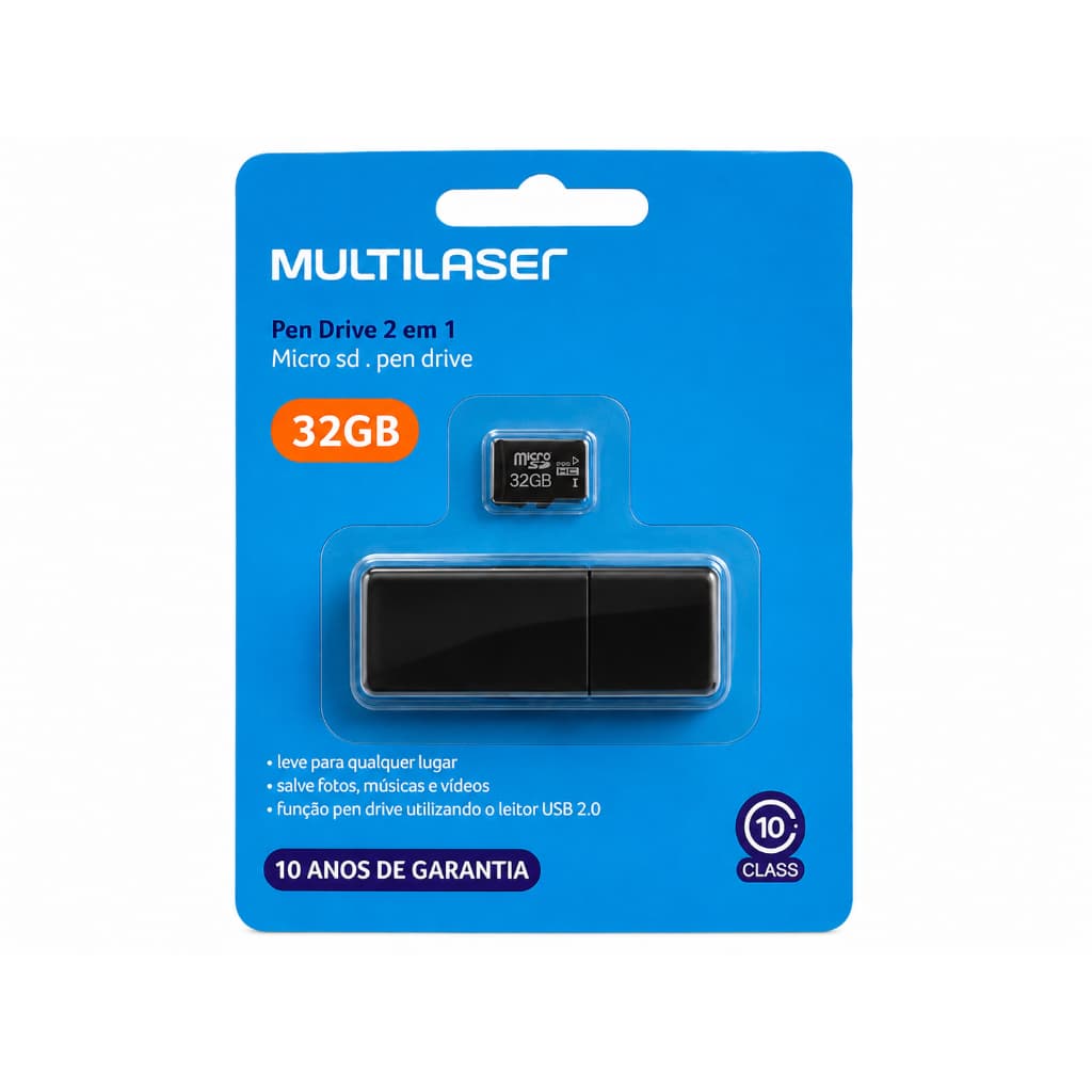 Pen Drive 2 em 1 Leitor USB + Cartão de Memória Classe 10 - 32GB Multlaser - MC163