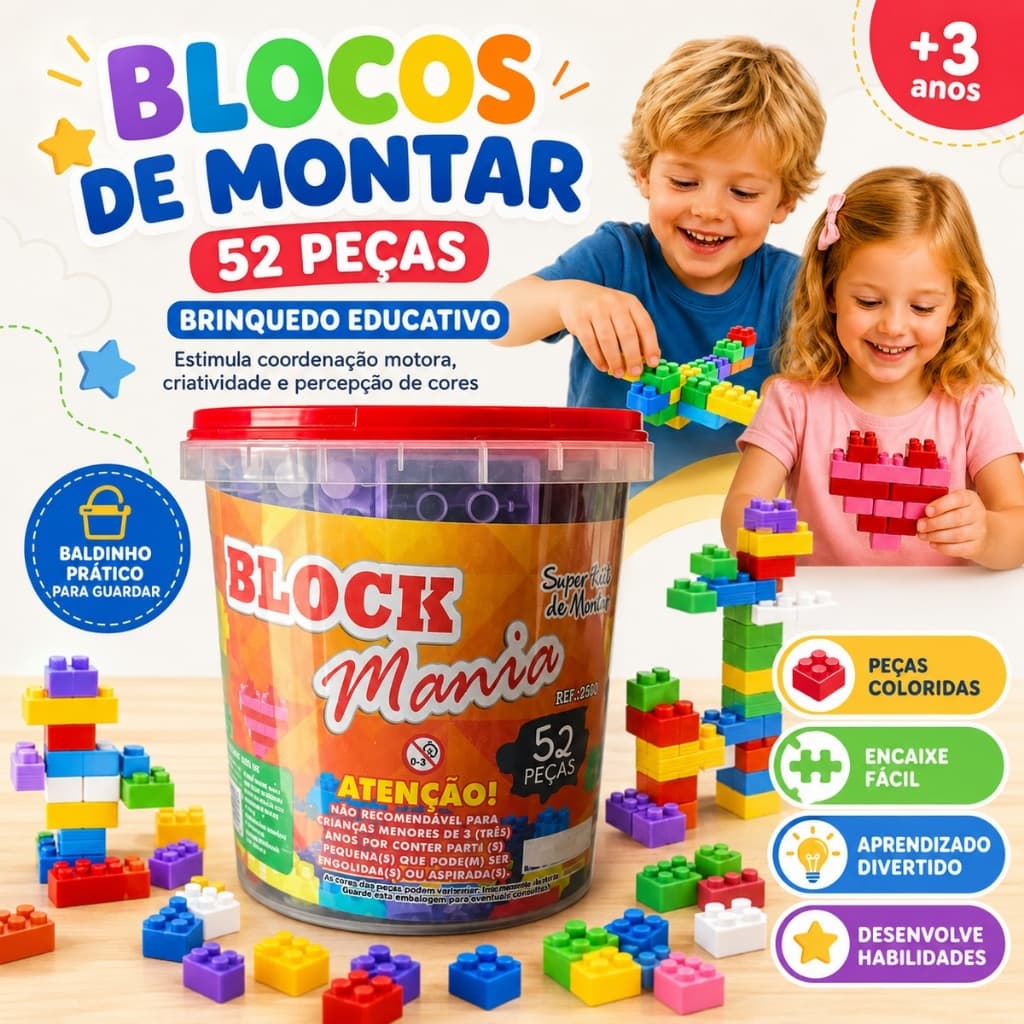 Blocos de Montar Encaixar 52 Peças Brinquedo Infantil Educativo Pedagógico Desenvolve Coordenação Motora 3 anos Criança