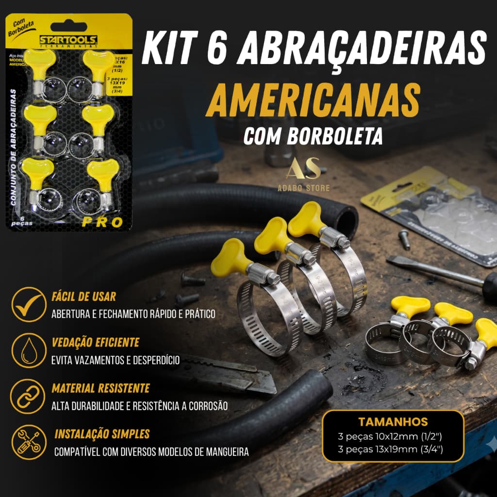 Kit 6 Abraçadeiras Aço Inox Ajustável Modelo Americana 1/2" e 3/4" Com Borboleta Aperto Manual Mangueira Gás Jardim