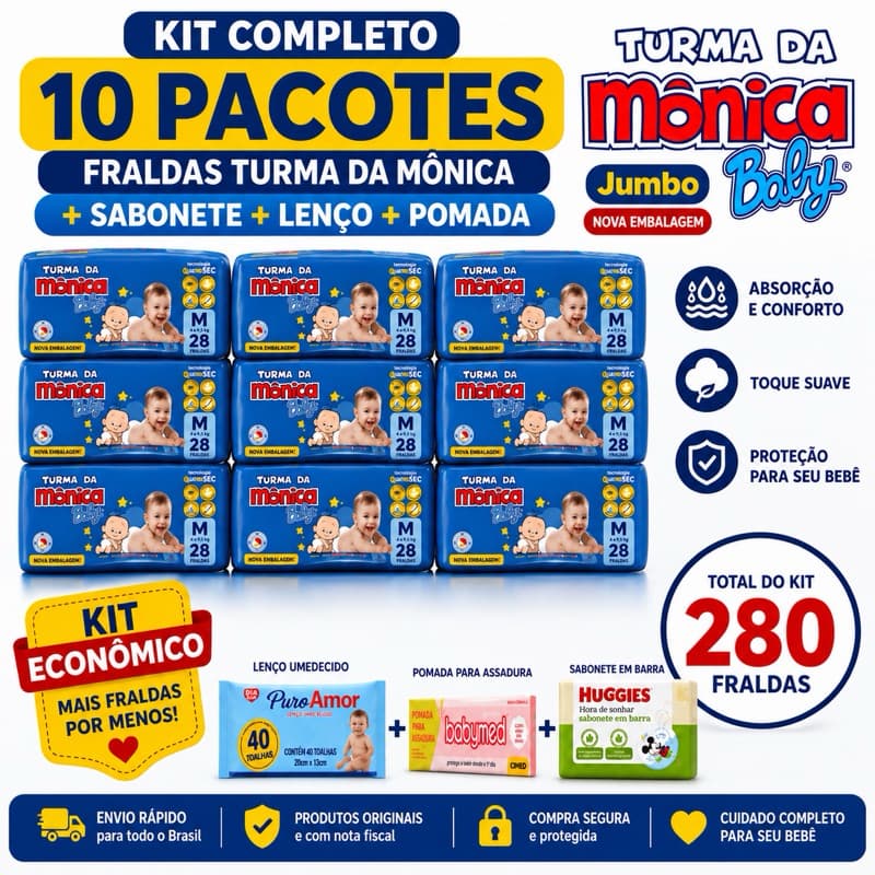 kit 10 pacotes de fralda turma da Monica + sabonete + lenço umedecido + pomada de assadura