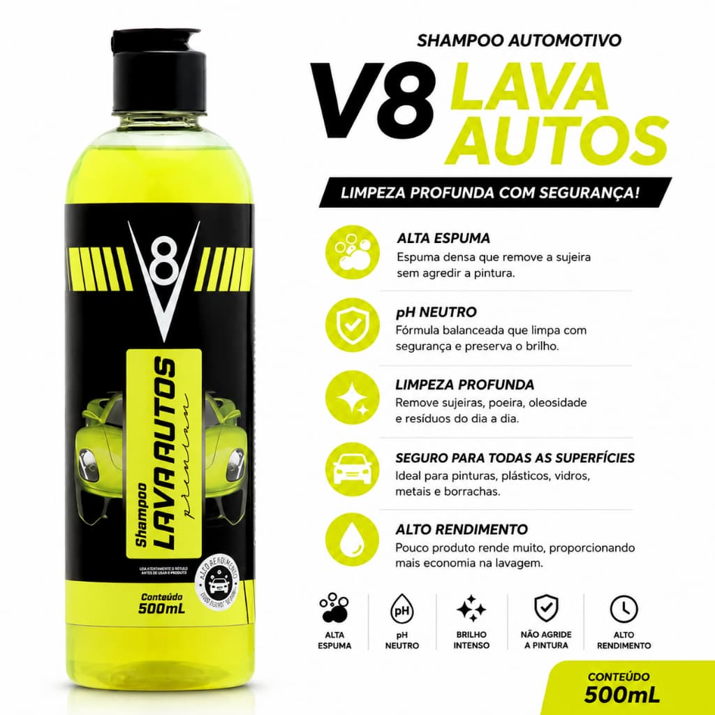 Lava Autos V8 500ml Shampoo Automotivo pH Neutro Alta Espuma Limpeza Profunda Carros Motos