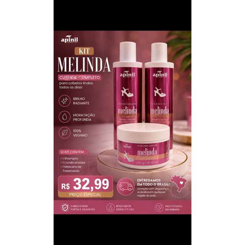 Kit Capilar Melinda Apinil Cosmético–Shampoo+Condicionador+Máscara300