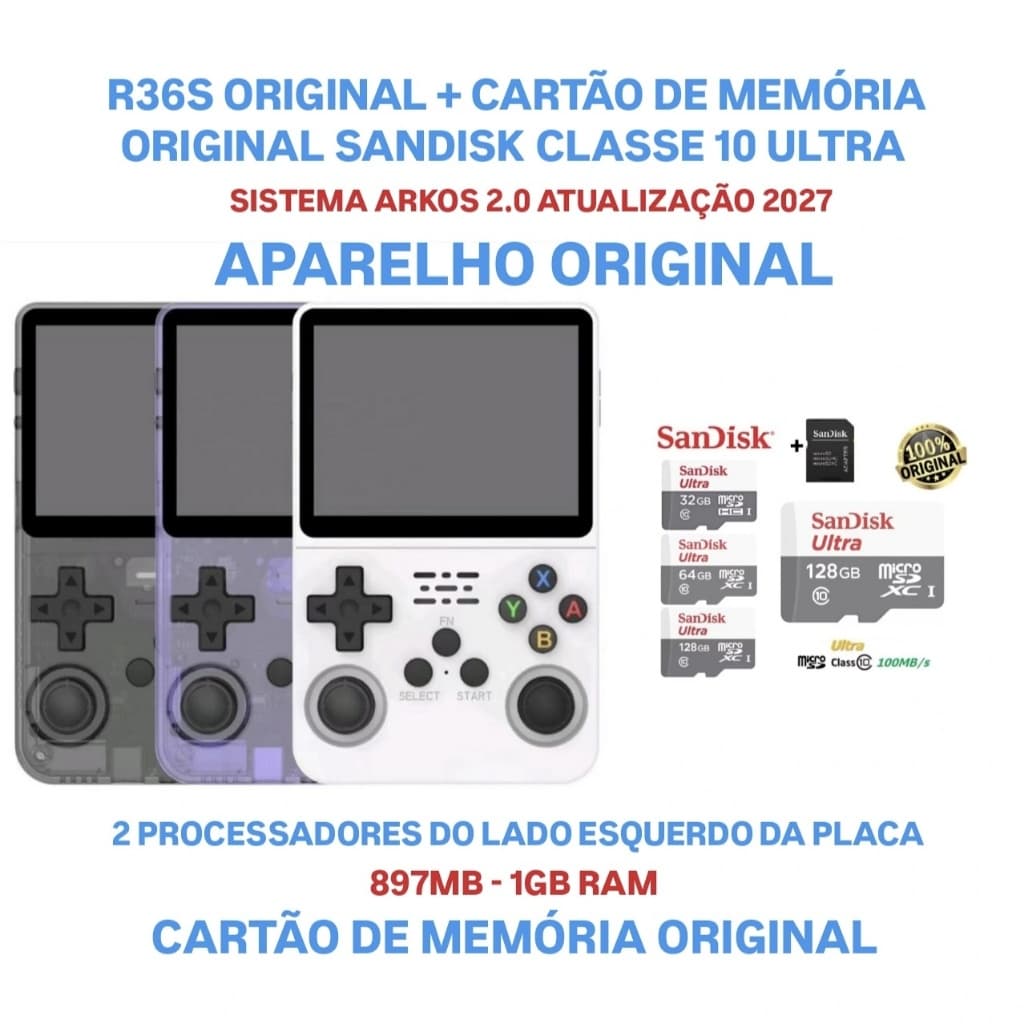 R36s Console Portátil arkos Original +Memória Original Sandisk Consoles 18Mil Jogos Atualizado 2027