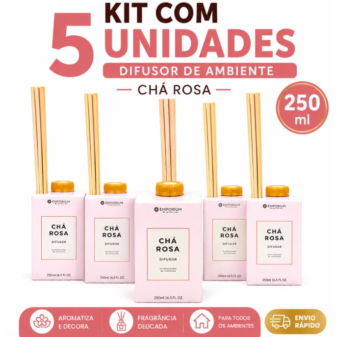 Kit 5 Difusores de Ambiente Chá Rosa 250ml Aromatizador de Ambiente Premium com Varetas