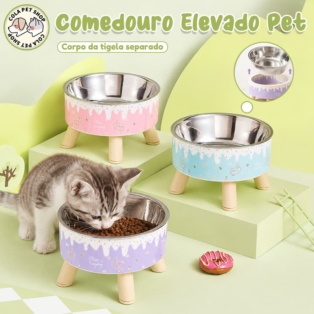 Comedouro elevado para gatos e cães pequenos com tigela inox removível 450 ml