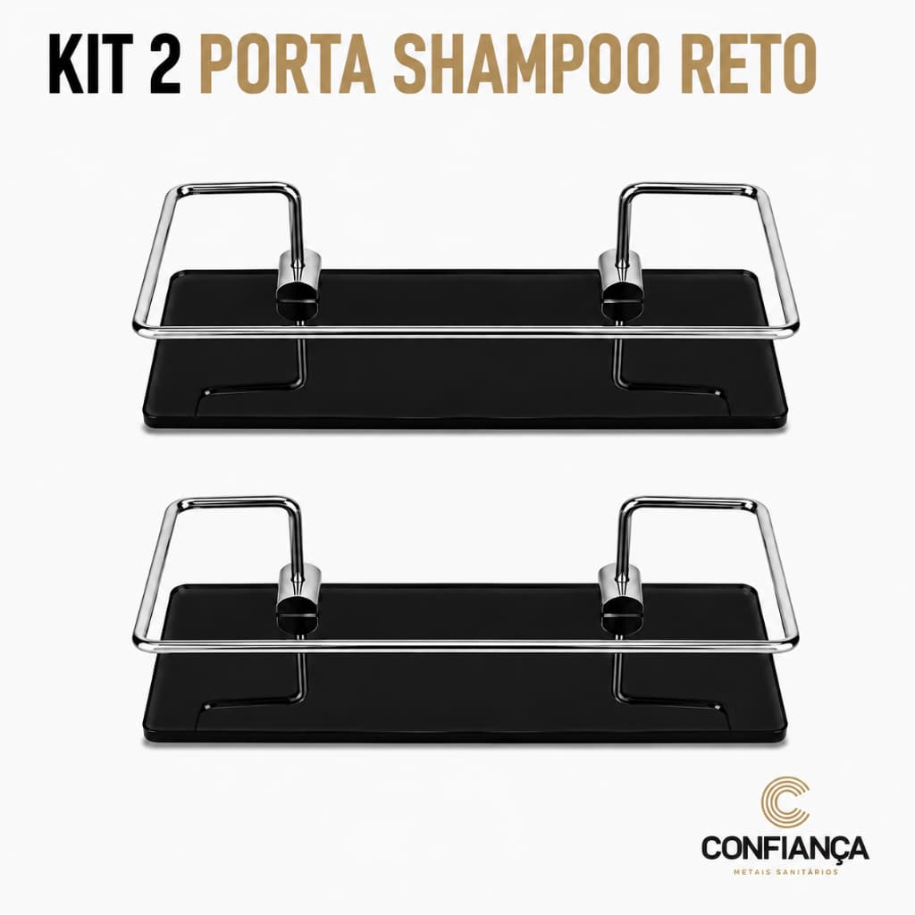 Porta Shampoo Para Banheiro Suporte De Vidro 6mm Fumê Reto Preto C/ Cromado Anti Ferrugem KIT 02  UN