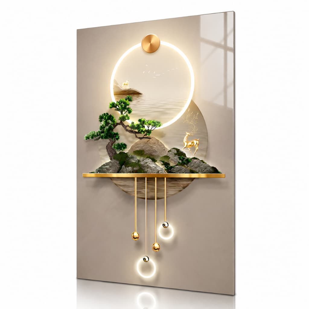 Quadro Decorativo Árvore Bonsai Paisagem Oriental 3D Dourado Moderno para Sala Escritório