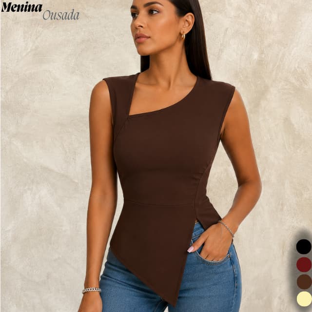 Blusa Básica Feminina Decote Quadrado ombro assimétrico ponta Blusinha Franzida Drapeada Regata