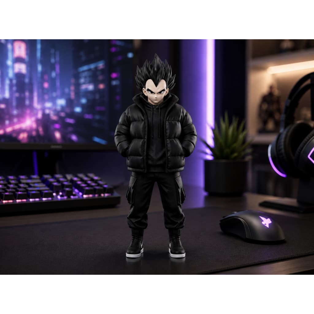 Figura Decorativa Guerreiro Saiyajin Estilo Streetwear | Estátua Colecionável em Impressão 3D para Decoração