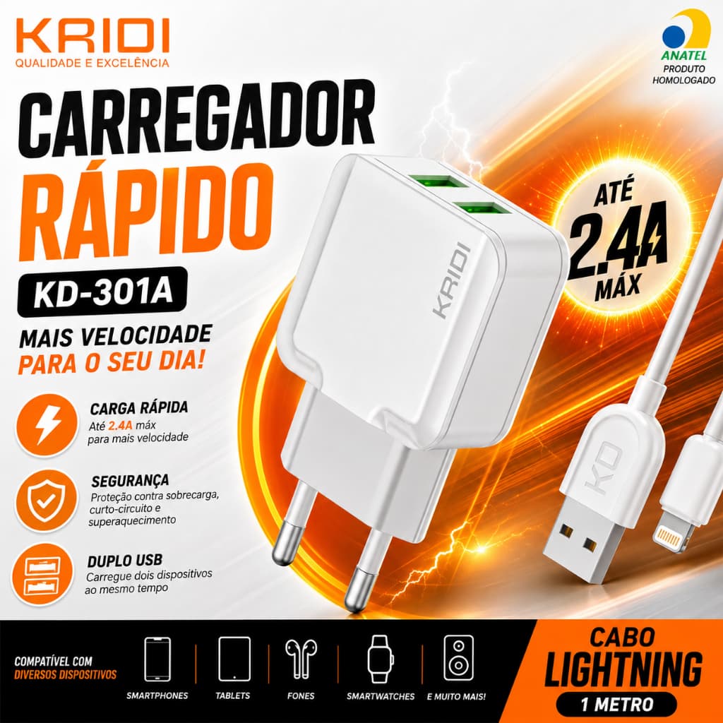 Carregador Rápido Kridi KD-301A 2.4A Duplo USB com Cabo Lightning 1 Metro