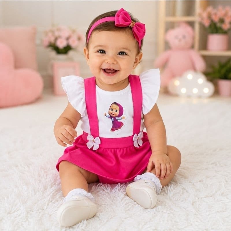 Romper Vestido Masha + Faixa De Cabelo Jardineira Temático Mesversário Body Bebê Menina Ensaio Fotográfico