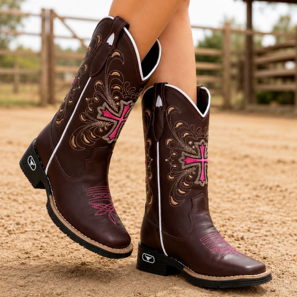 Bota Botina Texana Feminina Cruz Rosa Agro Fazenda Country