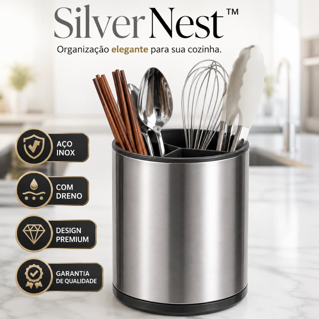 Porta Talheres Inox com Dreno Organizador de Pia Suporte Escorredor de Utensílios para Cozinha