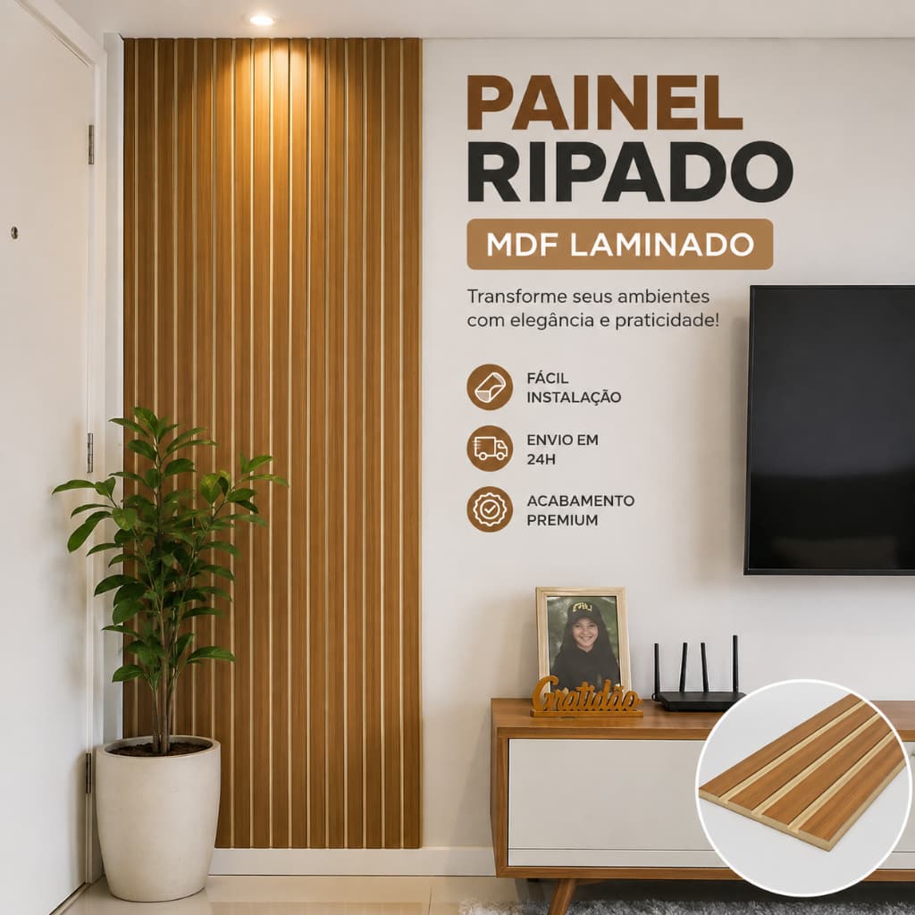 KIT ATÉ 40 PLACAS Painel Ripado MDF Autocolante 45x11cm Revestimento de Parede Decorativo Madeira Envio 24H