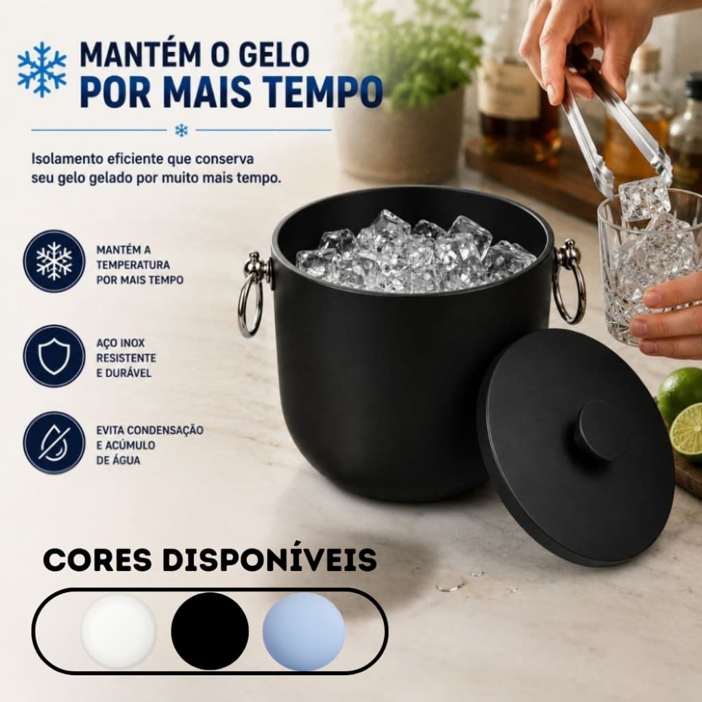Balde de Gelo Com Tampa e Pegador 3 Litros Aço Inox Premium