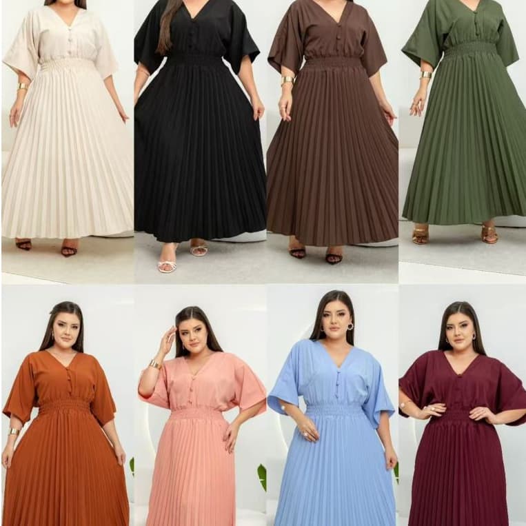 Vestido Longo Plissado Lisa Tamanho Único Manga Meia Manga Moda Feminina