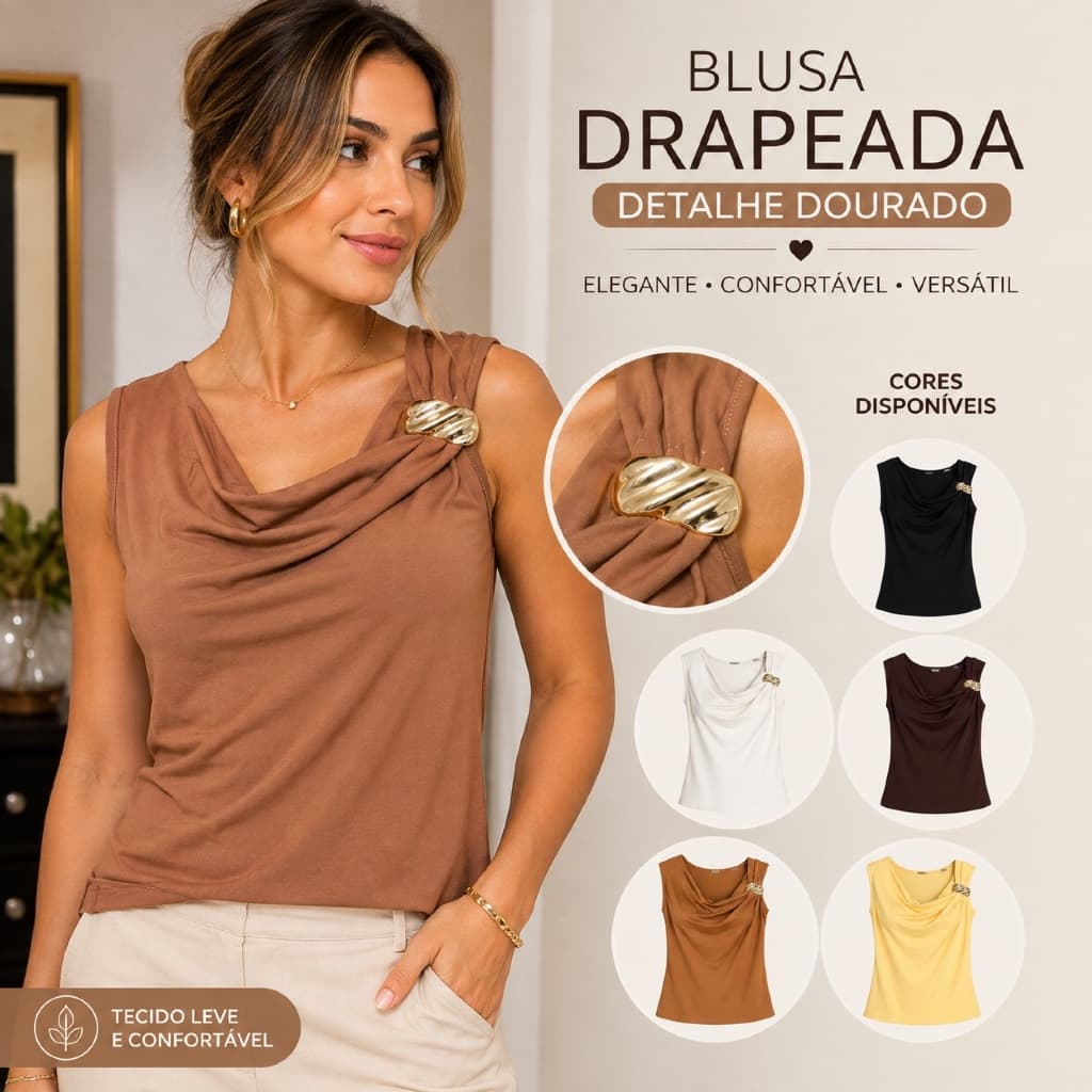 Blusa Feminina Estilosa Fivela Dourada Casual Marrom Amarela Offwhite Preta Bege Tamanho Unico