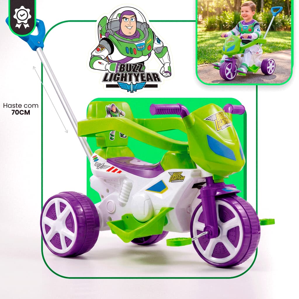 Triciclo Infantil Com Empurrador Buzz Lightyear Carrinho De Passeio Haste Pedal Motoca Menino Até 25kg