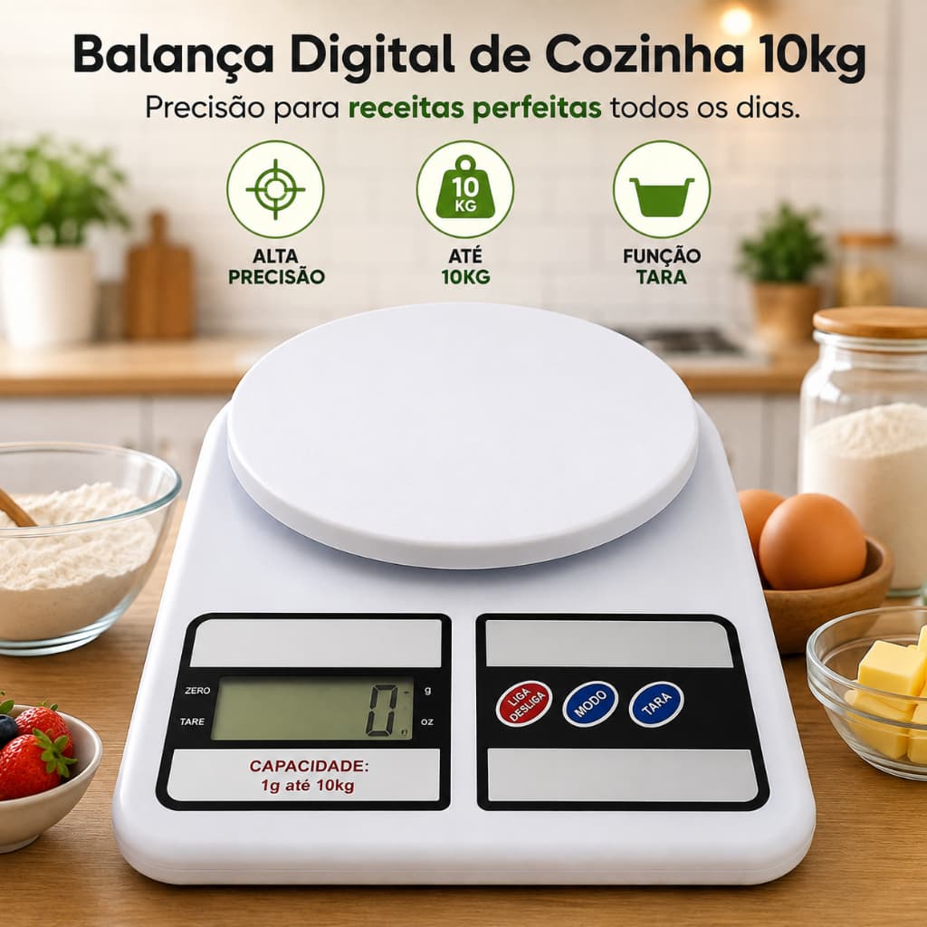 Balança Digital de Cozinha 10kg Alta Precisão com Função Tara e Visor LCD - 2 Pilhas AAA Não Inclusas