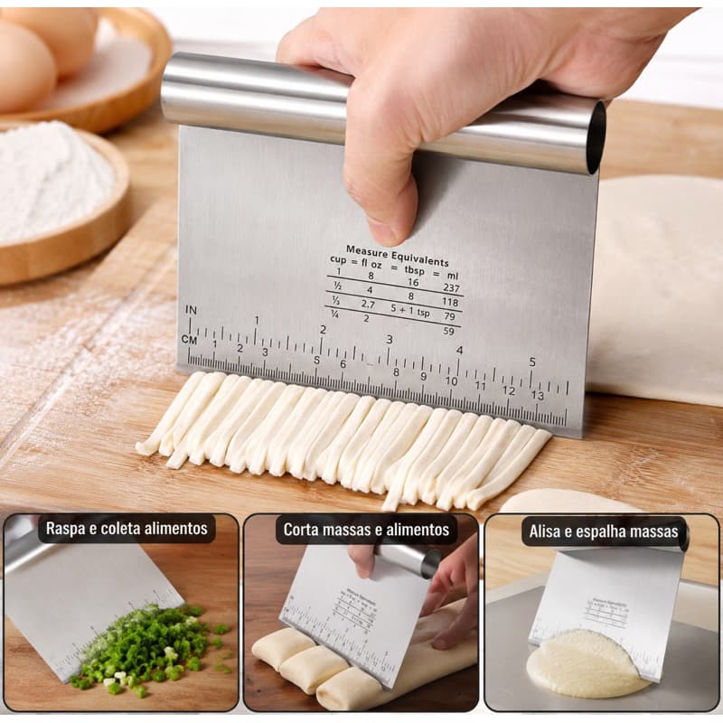 Espátula Raspador de Massa em Inox com Régua Medidora | Cortador de Massa para Pão, Pizza, Confeitaria e Cozinha