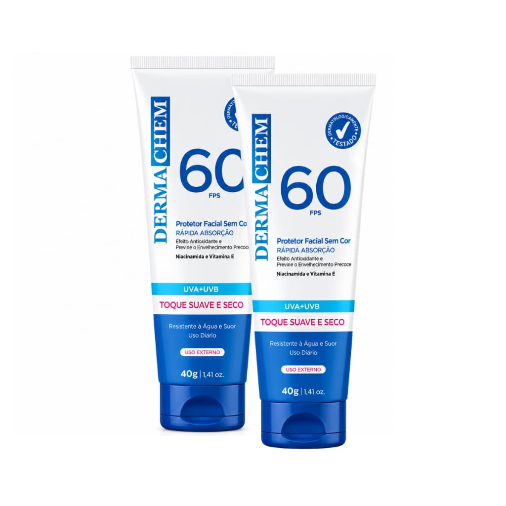 Kit 2 Unidades de Protetor Solar Facial Sem Cor Dermachem 60Fps Toque Suave e Seco C/ Vitamina E