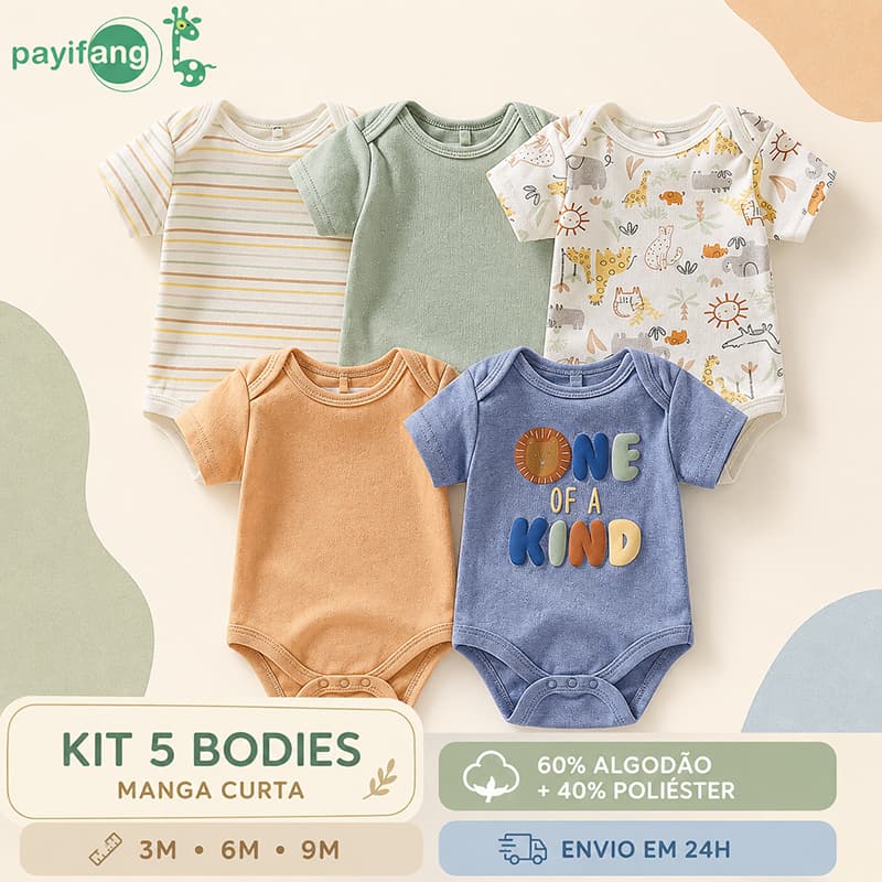 Payifang Kit 5 Bodies Bebê Manga Curta 60% Algodão Estampa Safari Animais 3M 6M 9M