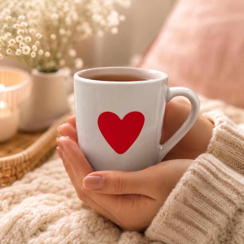 Xícara de Café Coração Vermelho com Suporte em MDF